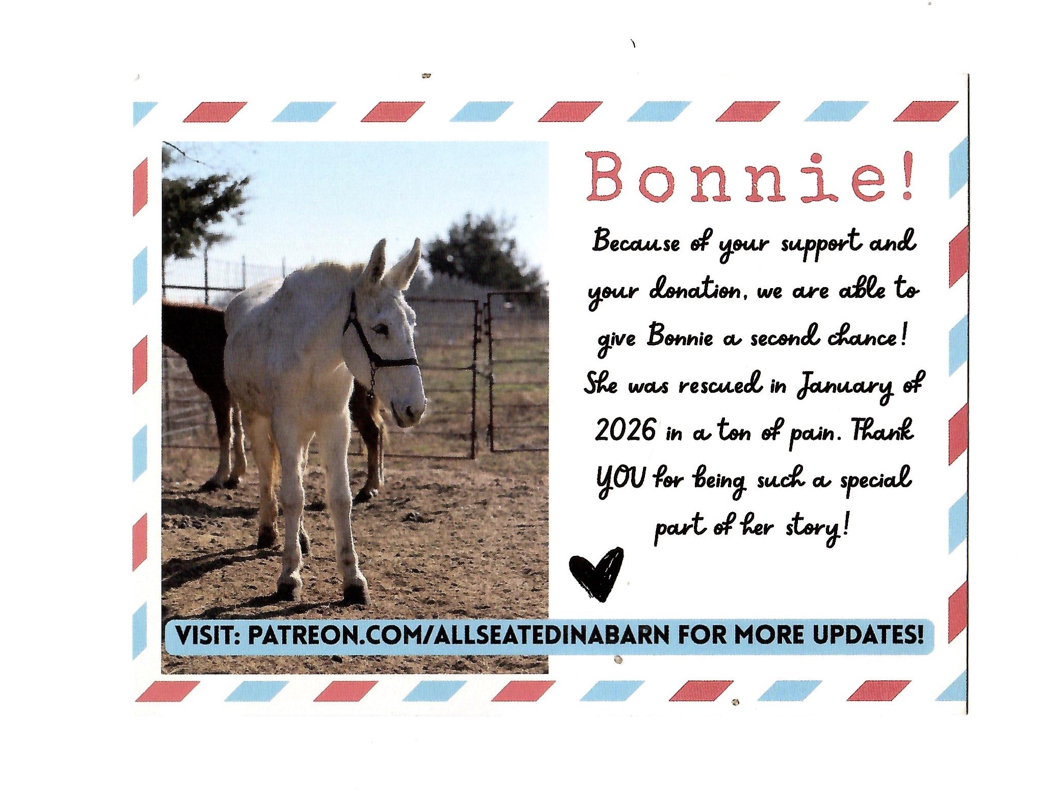 The Bonnie card from All Seated in a Barn, sent after a hat purchase